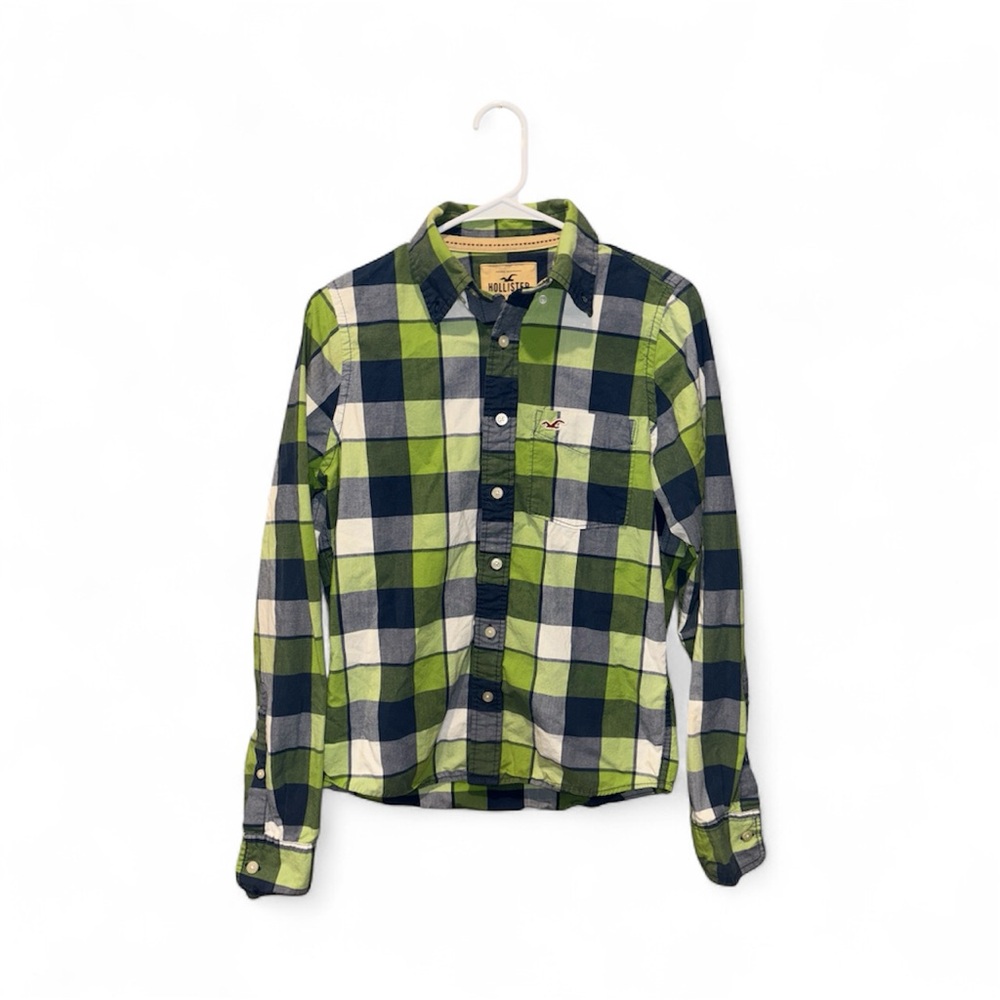 Hollister Co Men’s Green & Blue Long Sleeve Plaid Button Down Shirt- S
